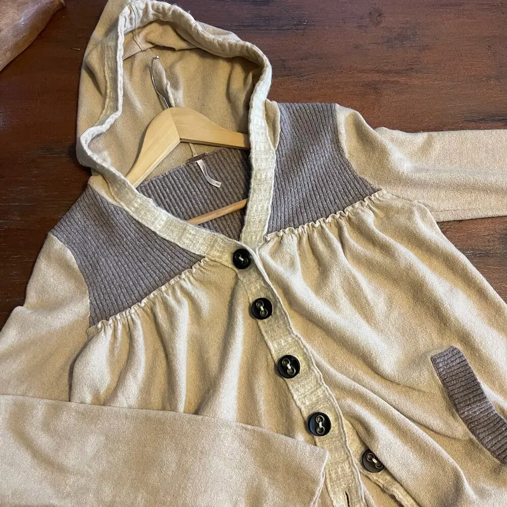 Free People Hooded Cardigan Sweater Cotton & Wool Blend Size Small